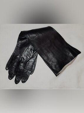 Vintage Leather Gloves 1950s Long Black Thin Kid Leather Gloves Elbow Length
